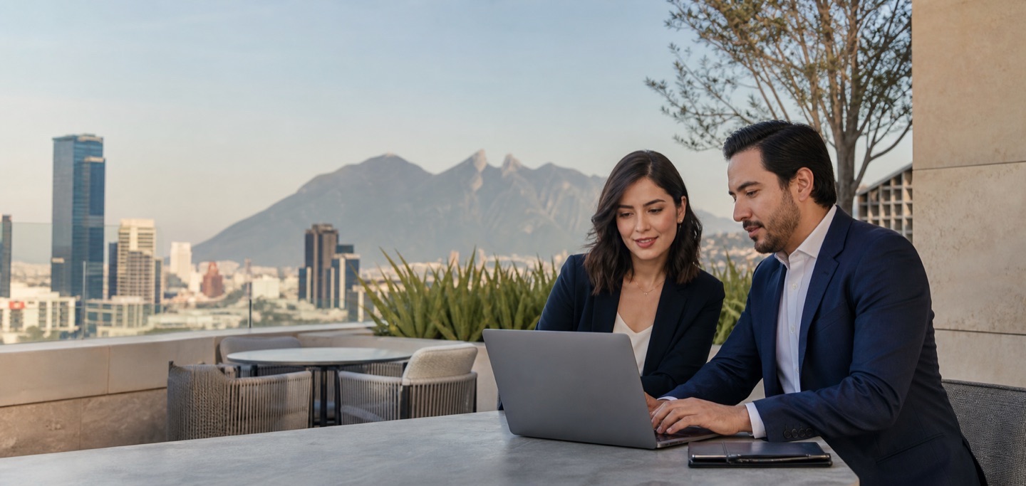Dos integrantes de una pequeña empresa mexicana organizando un viaje de trabajo en Monterrey